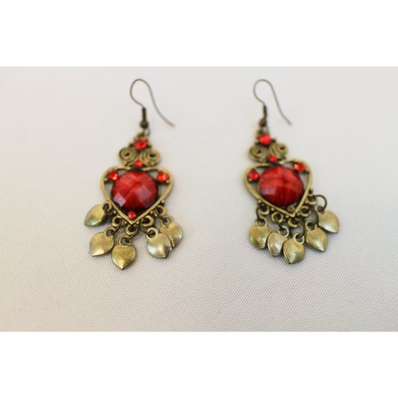 Vintage Gold & Red Hearts Dangle Drop Earrings - Picture 5 of 5